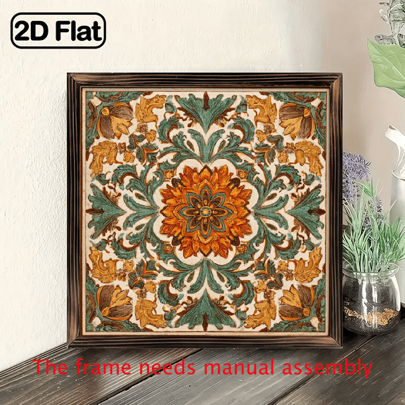 2D Flat, 8x8 Inch Modern Square Wall Art - Autumn Floral Woodblock Print on Artificial Wood, Warm Tones, Wall-Mounted Home Office Bedroom Decor for Fathers Day.