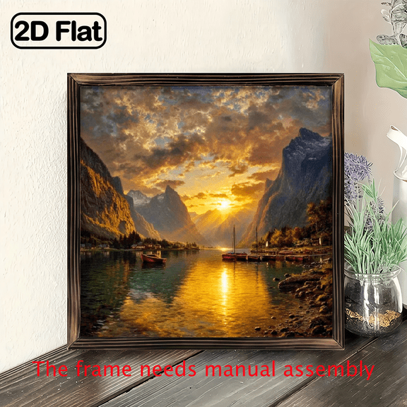 2D Flat, 8x8 Inch Mountain Lake Sunset Reflection Wall Art - Hand-Painted Style Panel with Wooden Frame, Turquoise Golden Hues, Serene Landscape Painting for Living Room, Bedroom, Home Decor