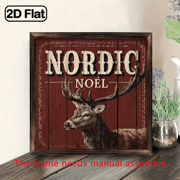 2D Flat, 8x8 Inch Nordic Reindeer Wooden Wall Art SignRustic Swedish-Inspired Christmas Decor with Nordic Noel Lettering, Wood Plaque for Easy Hanging or Tabletop - Scandinavian Holiday Home Deco