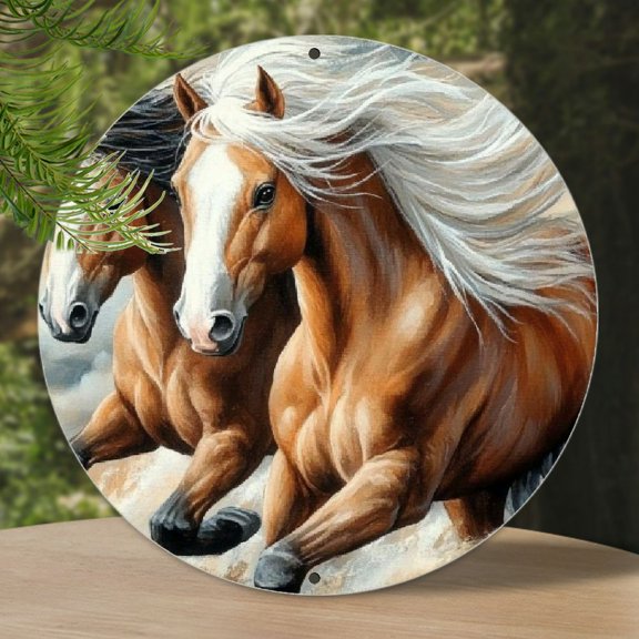 [2D Flat] 8x8 Inch Round Metal Sign: Two Horses in Motion, Suitable for Home, Room, Cafe, Restaurant, Garage, Porch, Patio Decor, Perfect Gift for Friends, Family