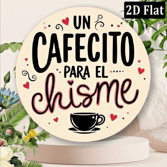2D Flat, 8x8 Inch Round Metal Wall Art - Spanish Coffee Lovers Theme Un Cafecito para el Chisme Sign with Vibrant Pink Black Typography, Hearts Coffee Beans - Rustic Cafe, Bar, Kitchen Decor