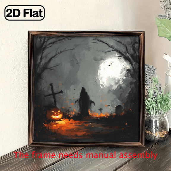 2D Flat, 8x8 Inch Rustic Beech Wood Frame Gothic Grim Reaper Jack-O'-Lanterns Wall Art - Bohemian Style 2D Flat Panel Painting, Dark Brown Frame with Black Golden Haunted House Decor for Home, Par