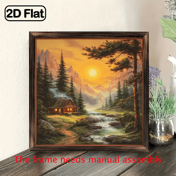 2D Flat 8x8 Inch Rustic Cottage Lake Wood Art, Pine Trees House, Warm Winter Farmhouse Decor, Christmas Housewarming Gift
