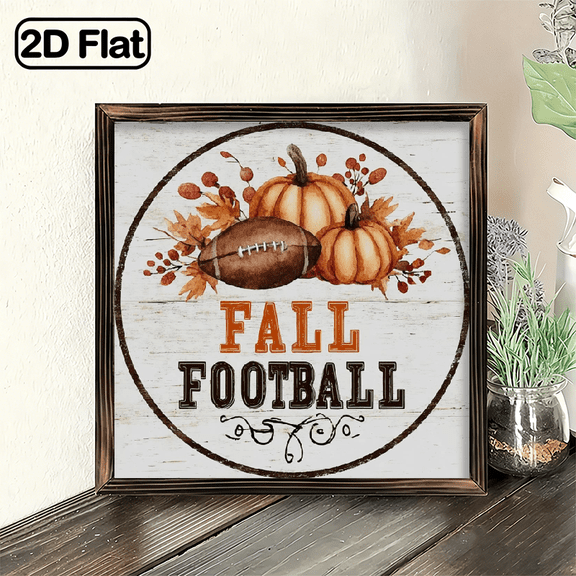 2D Flat, 8x8 Inch Rustic Fall Football Round Hanging Sign - Wood Vintage Fall and Football Wall Decor with Pumpkins, Leaves, Twine Hanger Football Motifs for Home, Kitchen, for Cave - Easy-Hang A