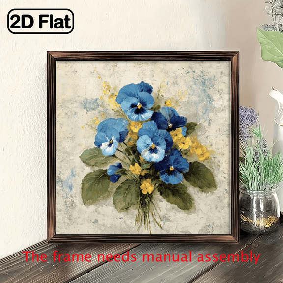 2D Flat, 8x8 Inch Rustic Farmhouse Floral Wood Wall Art with Wooden Frame - Vibrant Pansies Green Foliage, Hand-Painted Style, Hook-and-Loop Hanging, Indoor Wall Decor For Living Room, Bedroom