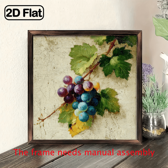 , 8x8 Inch Rustic Farmhouse Grape Vine Grape Leaf Botanical Wall Art in Frame - Dark Brown Wood Painting for Kitchen, Living Room, Dining Room Decor - Green Purple Grape Cluster with Be
