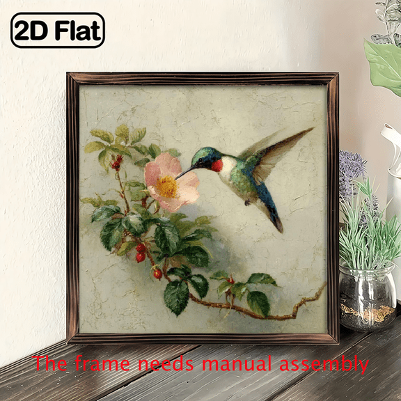 2D Flat, 8x8 Inch Rustic Farmhouse Hummingbird Floral Canvas Wall Art with Frame Beige Textured Background, Indoor Botanical Bird Art, Vintage Aesthetic, Green Brown Tones, Nature-Inspired