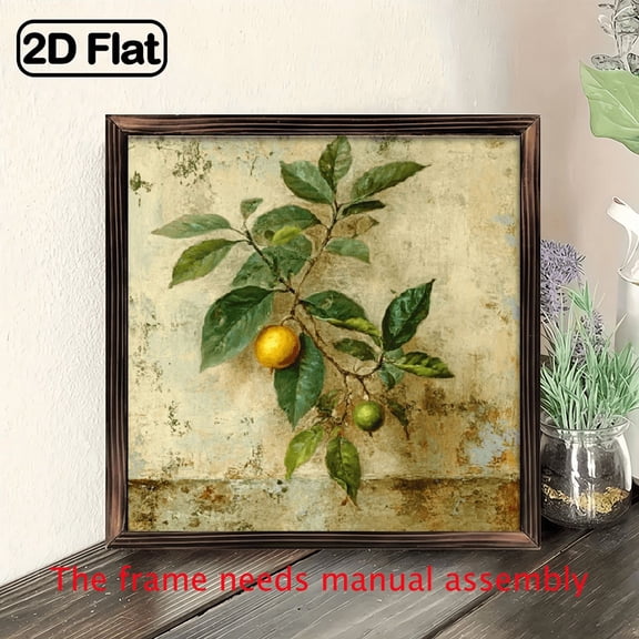 2D Flat, 8x8 Inch Rustic Farmhouse Olive Branches Leaf Botanical Wood Frame Wood Wall Art - Green Golden Tones, Frame, Horizontal or Vertical Hanging, Minimalist Leaf Print for Living Room, Kitchen