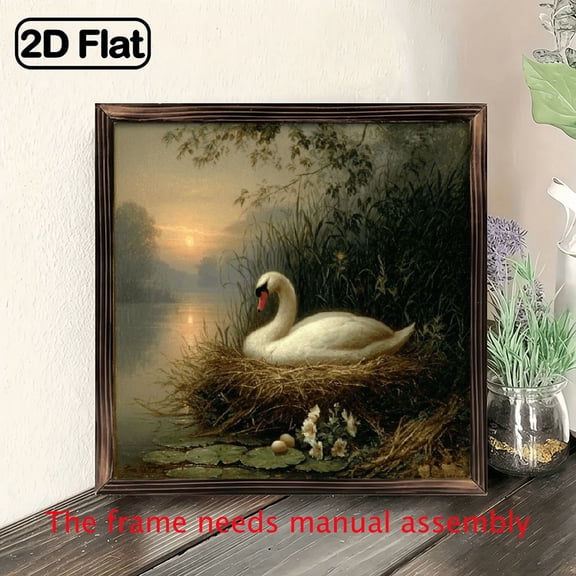 2D Flat, 8x8 Inch Rustic Farmhouse Swan Lily Pad Wall Art with Frame - 2D Flat Horizontal Swan Painting for Nursery, Living Room, Kitchen Decor - Muted Beige Brown Tones, Minimalist Bird Art