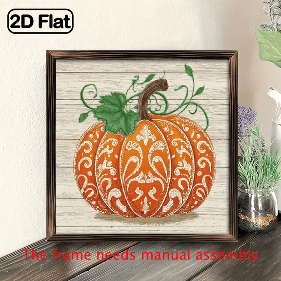 2D Flat, 8x8 Inch Rustic Farmhouse Vintage Autumn Pumpkin Wooden Photo Frame - Lightweight Durable Artificial Wood Wall-Mountable Square Frame with White Brown Plank Background