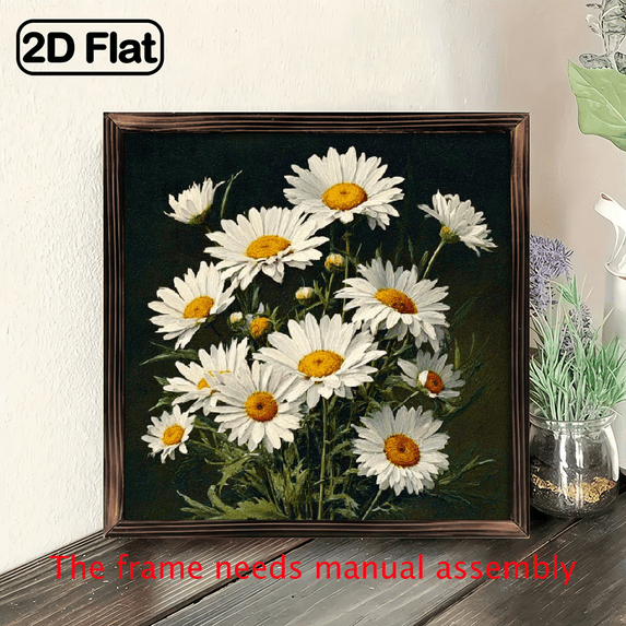 2D Flat, 8x8 Inch Rustic Farmhouse Wooden Wall Art Sign - Charming Daisy Floral Decor with White Daisies Black Background, Natural Wood Grain Texture, Easy Wall-Mounted for Kitchen, Bathroom