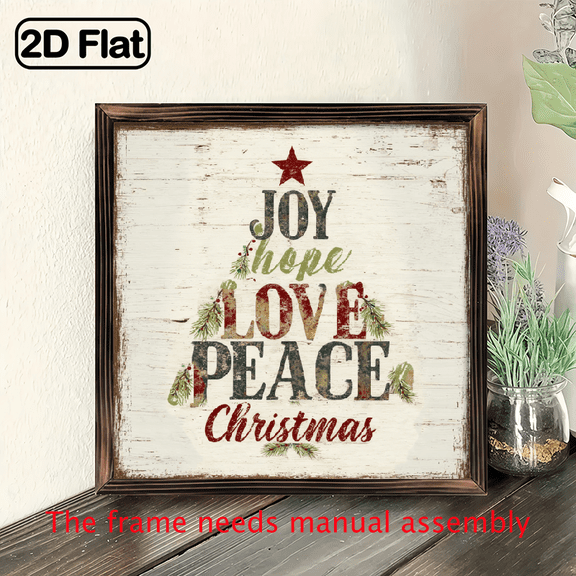 2D Flat, 8x8 Inch Rustic Farmhouse Wooden Wall Art Sign with Joy Hope Love Peace Christmas Lettering - Red Green Holiday Decor, Wood Cross-Shaped Wall-Mounted Decoration for Kitchen, Living Room