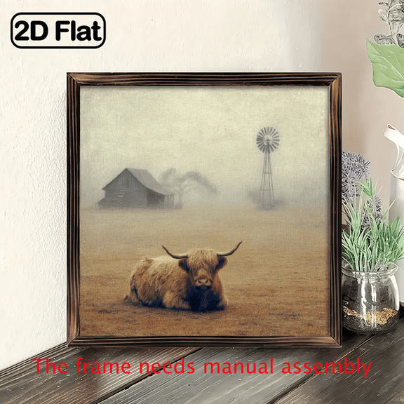 2D Flat, 8x8 Inch Rustic Highland Cow Art with Frame - Durable Wood Frame, Vibrant Autumn Scene Wall Decor for Home Office, Cow Deco