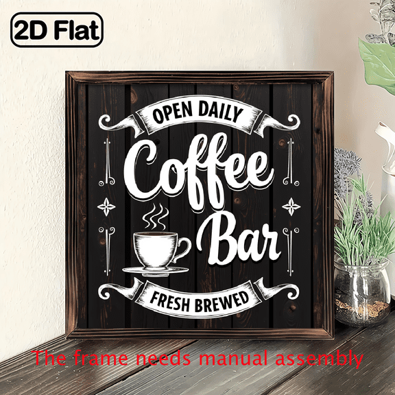 8x8 Inch Rustic Modern Coffee Bar Chalkboard Sign with Coffee Cup Design - Open Daily Coffee Bar Self-Serve Fresh Brew Lettering - Dark Brown Artificial Board for Kitchen, Living Room, Off