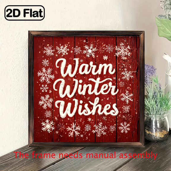 2D Flat, 8x8 Inch Rustic Red Wooden Wall Art Sign with Snowflakes Warm Winter Wishes Lettering - Farmhouse Style Christmas Holiday Decor, Easy Mounting Hardware Included
