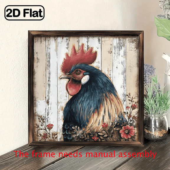 2D Flat 8x8 Inch Rustic Rooster Wall Art with Wooden Frame - Vibrant Colorful Chicken Floral Design, Ready to Hang for Home Decor, Kitchen, or Summer Theme 2D Flat