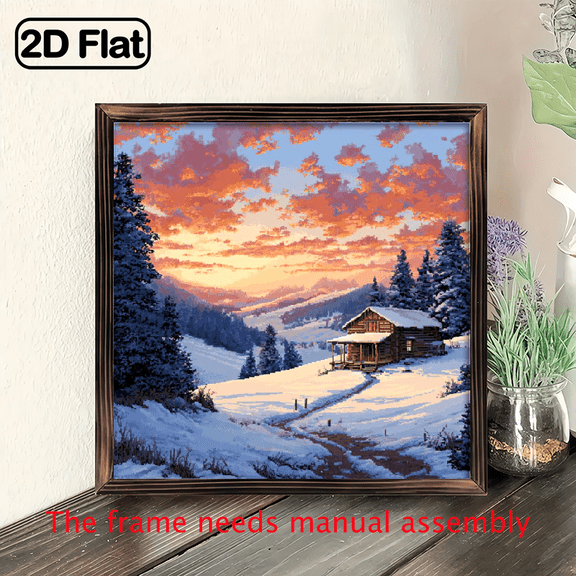 2D Flat, 8x8 Inch Rustic Winter Cabin Sunset Landscape Wooden Wall Art - Snowy Mountain Forest Scene with Cozy Log Cabin Deer, Wood Horizontal Wall Decor for Christmas, Thanksgiving