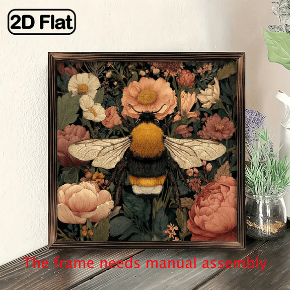 2D Flat 8x8 Inch Rustic Wooden Framed Wall Art - Bee Floral Design Mother's Day Easter Gift, Reusable Home Decor with Vibrant Colors, Handmade Look for Living Room, Bedroom, Kitchen