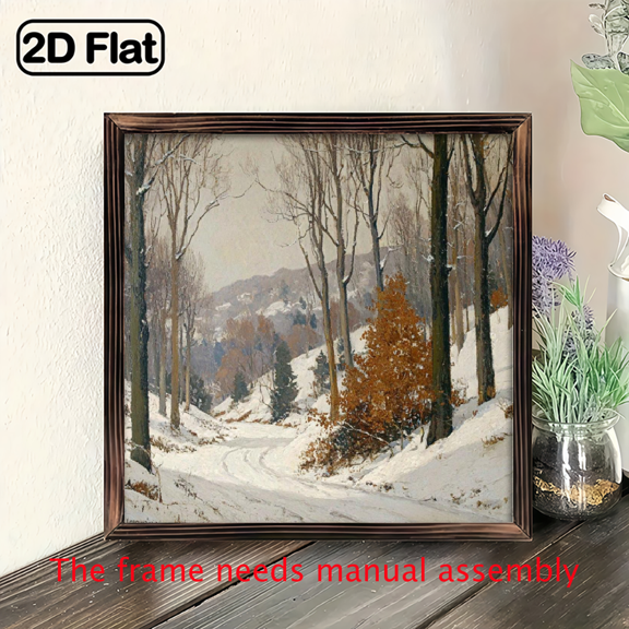 2D Flat, 8x8 Inch Snowy Forest Landscape Art with Wooden Frame - Winter Wonderland Scene with Snow-Covered Trees and Path, Perfect for Home or Office Decor, Office Artwork Serene Landscape Detaile
