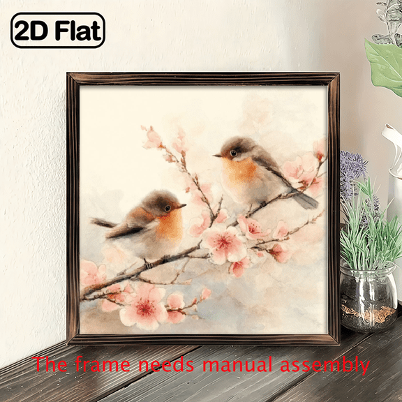 2D Flat, 8x8 Inch Square Vintage Wooden Wall Art - Two Birds on Branches Painting, Rustic Farmhouse Decor with Wood Frame, Easy Install Suitable for Entrance, Living Room, Kitchen, Bedroom - Per