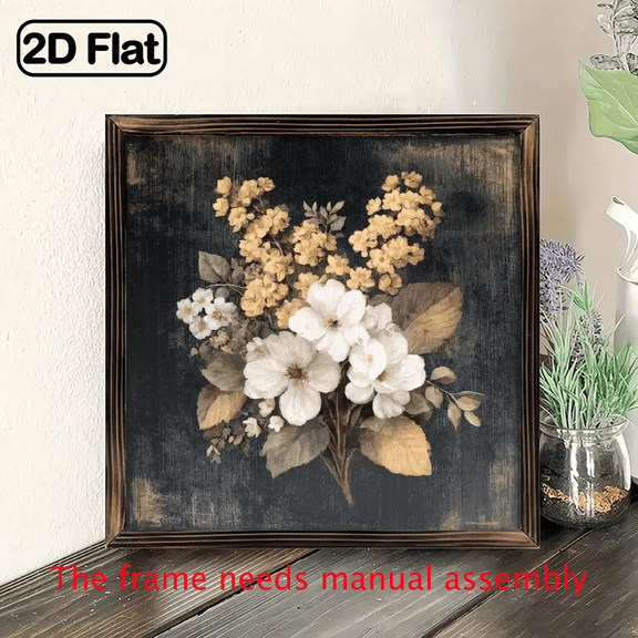 2D Flat 8x8 Inch Summer Floral Wall Pediment with Recycled Wood Frame - Vintage Hydrangea Foliage Artwork, Horizontal Home Decor for Living Room, Kitchen, Bedroom, Bathroom Flower Wall Decor
