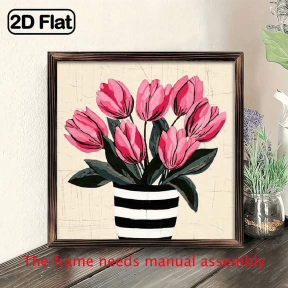 2D Flat 8x8 Inch Summer Tulip Wall Art with Wooden Frame - Vibrant Pink Floral Design on Light Background, Elegant Home Decor for Living Room, Kitchen, Bedroom, or Bathroom, Perfect Mother'S Day G