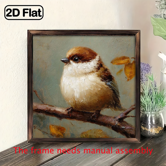 2D Flat 8x8 Inch Summer Wall Art with Wooden Frame - Hand-Painted Bird on Branch Autumn Leaves Design, Recycled Wood Horizontal Wall Decor for Living Room, Kitchen, Bedroom, Bathroom - Mother's Da