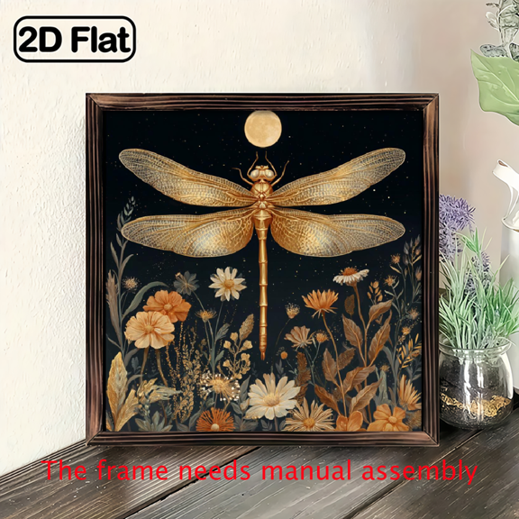 2D Flat, 8x8 Inch Vintage Dragonfly Wall Art, Whimsical Wooden Sign with Frame, Lightweight Square Polished Finish Poster, Horizontal Orientation, Single Frame for Home Office Decor, Farmhouse Des