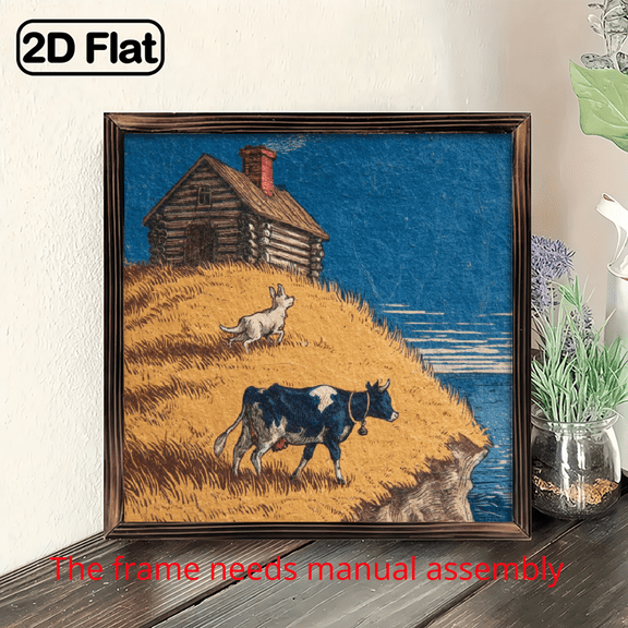 2D Flat 8x8 Inch Vintage Farmhouse Wood Art, Romantic Hillside House, Healing Landscape Frame Decor for Kitchen Home