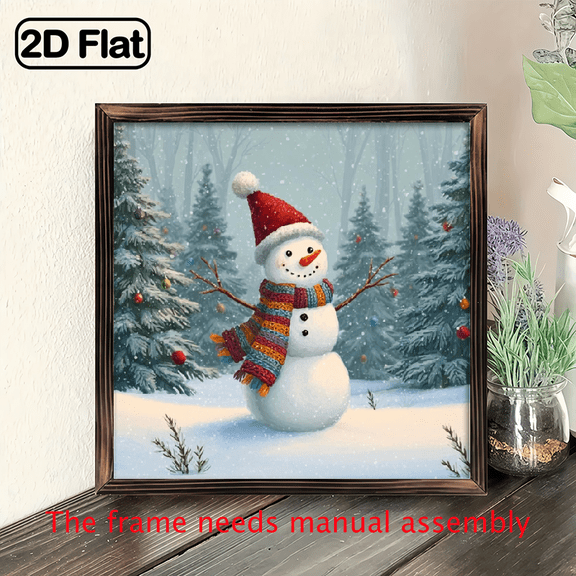 2D Flat, 8x8 Inch Vintage Winter Snowman Forest Scene Aluminum Wall Art Sign - Rustic Metal Wall Decor with Easy Mounting Hardware, Snowy Landscape with Pine Trees Snowman for Christmas