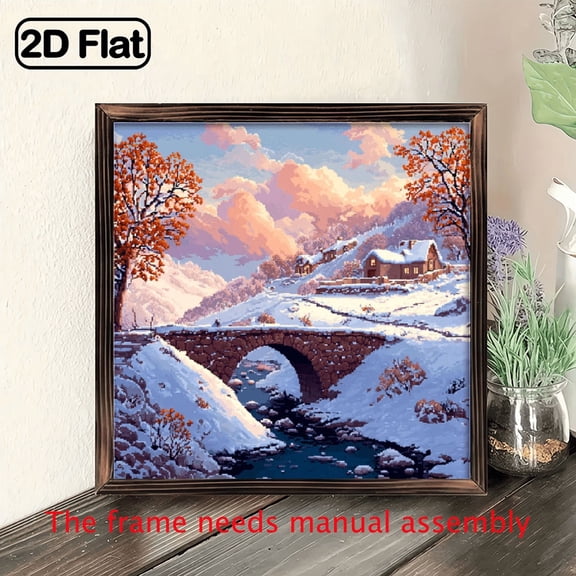 2D Flat, 8x8 Inch Winter Landscape Wooden Wall Art Sign - Snowy Cottage Bridge Scene with Cozy Houses Snow-Covered Trees - Printed Wood Panel for Christmas, Thanksgiving, for halloween Decor