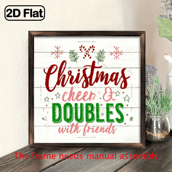 2D Flat, 8x8 Inch Wood Christmas Cheer Doubles with FriendsWall Sign - Horizontal Rustic Farmhouse Plaque with Snowflakes Candy Canes, Easy Mounting for Holiday Home Decor - Friendsgiving Door