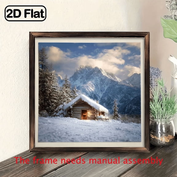 2D Flat, 8x8 Inch Wooden Frame Snow Mountain Cabin Wall Art - Rustic Modern Winter Landscape with Cozy Log Cabin Snowy Mountains, No Electricity Needed, IndoorOutdoor Decoration for Christmas