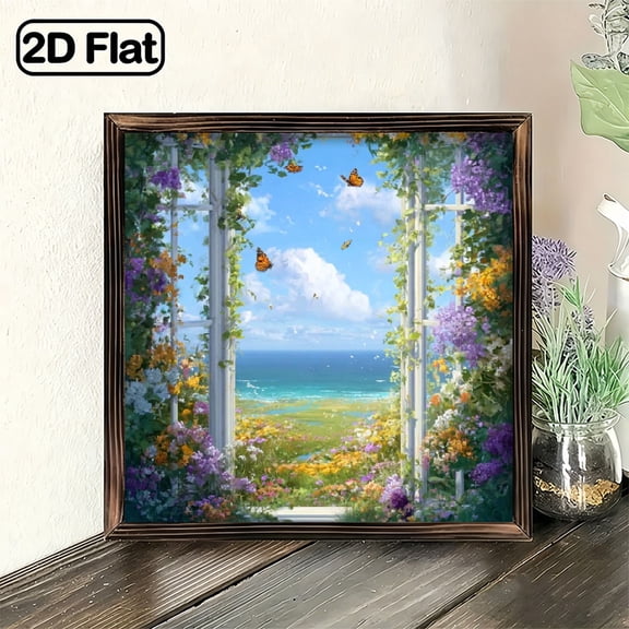 2D Flat, 8x8 Inch Wooden Framed Wall Art Spring Countryside Landscape with Open Window View, Vibrant Flowers Butterflies, Contemporary Home Decor for Living Room, Office, Desk Easy Installation