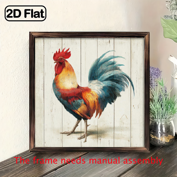 2D Flat, 8x8 Inch Wooden Rooster Wall Art - Vibrant Red CombFeather Design, Classic Farmhouse Style Colorful Rooster Painting for Home Kitchen Christmas Thanksgiving Decorations, Easy to Hang No E