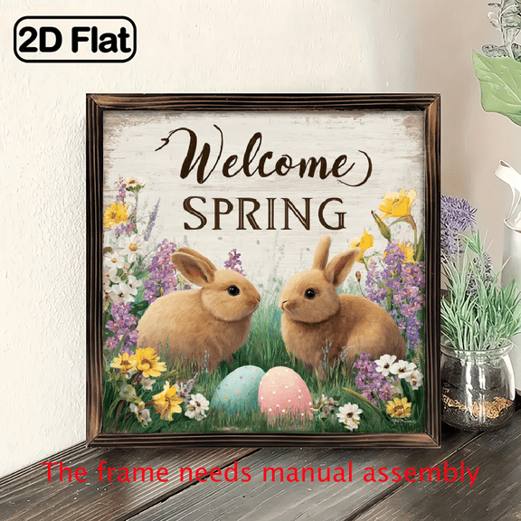 2D Flat, 8x8 Inch Wooden Wall Sign - Spring Bunny Easter Eggs Floral Art with Welcome Spring Design - Multi-Holiday Decoration Suitable for festival.