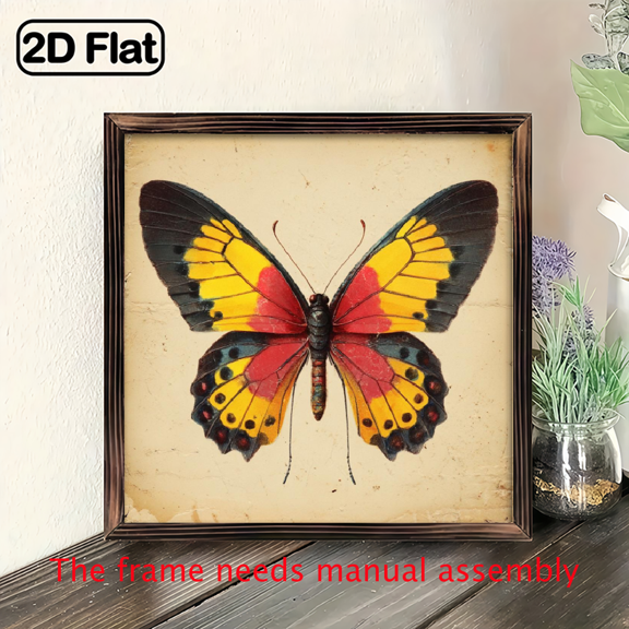 2D Flat, 8x8 Rustic Butterfly Wall Art with Wooden Frame - Vibrant Red, Black Yellow Butterfly Design on Distressed Background - Perfect for Home, Bedroom, Living Room Decor - Unique Holiday Gift