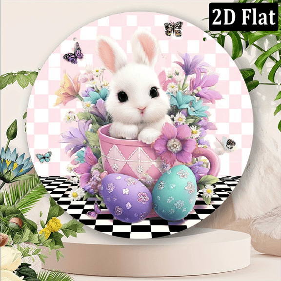 2D Flat 8x8 inch Metal Sign Round Sign Image Door Hanger Sign Wall Sign Wreath Sign Decor Sign Round Easter Themed Sticker With Pink Gingham Background, Black And White Checkered