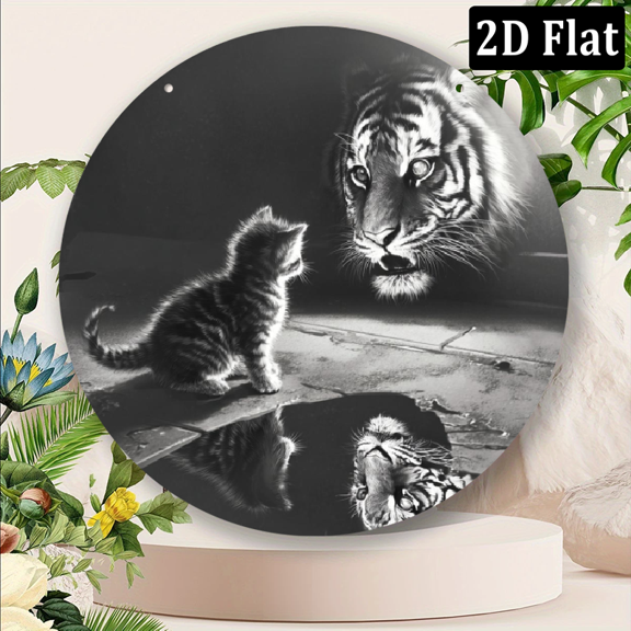 2D Flat, 8x8 inch Round Metal Sign - Mindset is Everything Wreath Centerpiece with Cat and Tiger Reflection, Black White Art Wall Decor for Home.