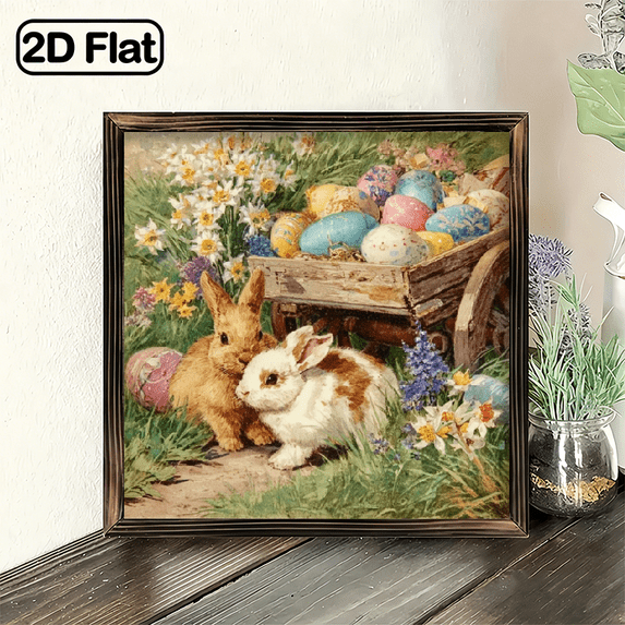 2D Flat 8x8Inch Farmhouse Wooden Rabbit Egg - Rustic Spring Wall Decor with Rabbit, Egg Cart Spring Garden Design, Suitable for Entrance, Kitchen, Porch, Patio - Outdoor Decoration for Easter an