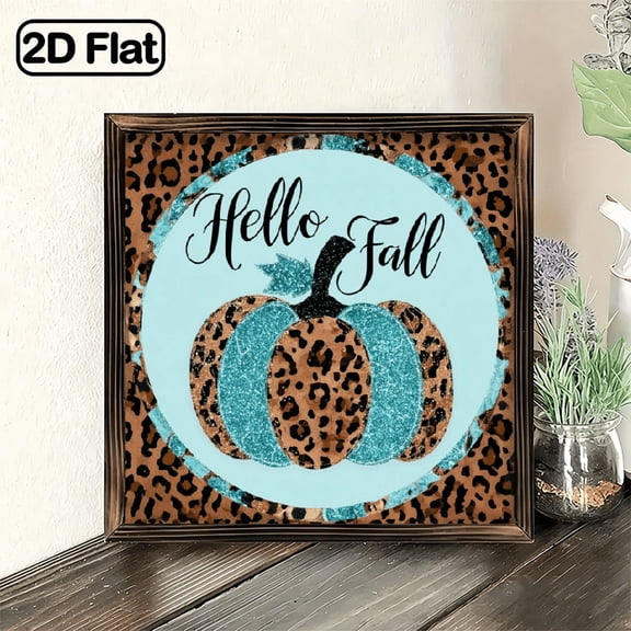 2D Flat, 8x8inch, Hello Fall Pumpkin Leopard Print Round Wall Decor - Turquoise-teal Brown Animal print Background - Durable Artificial Wood Sign - Easy Hanging with Rope - Autumn Thanksgiving Ha