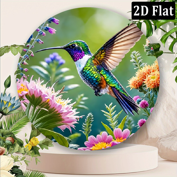2D Flat 8x8inch Round Metal Sign Vibrant Hummingbird Floral Design, Perfect for Mother'S Day, Father'S Day, Weddings, Graduations, and Carnival, Saint Patrick and Spring.