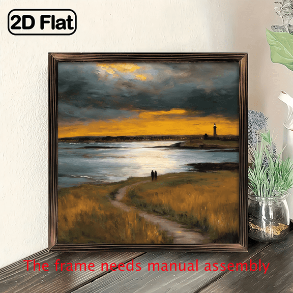 2D Flat, 8x8inch Rustic Farmhouse Wooden Framed Wall Art - 2D Flat Painting Coastal Lighthouse Landscape with Sunset Lighthouse, Classic Home Decor for Living Room, Bedroom, Kitchen, Office, Ind