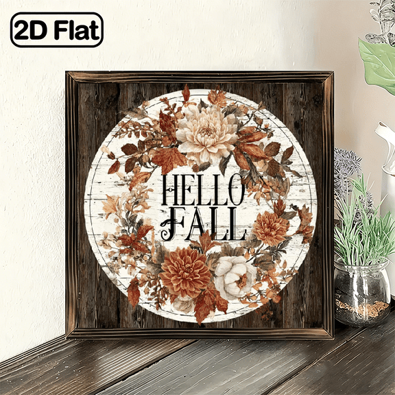 2D Flat, 8x8inch, Rustic Farmhouse Wooden Round Door Sign - Hello Fall Autumn Decor with Durable Artificial Wood, Weather-Resistant Floral Leaf Design for IndoorOutdoor Wall, Porch, Garden, F