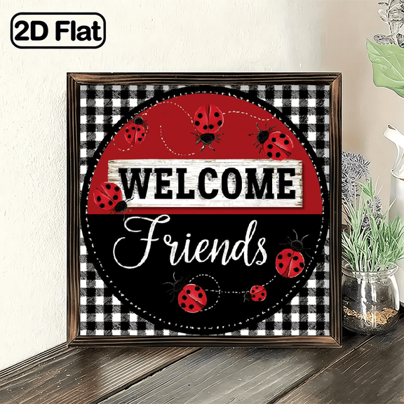 2D Flat, 8x8inch, Rustic Round Hanging Wood Sign Lady Bug Sign, Lady Bugs Black Check Sign, Spring Summer Sign, Wreath Sign Rustic Home Kitchen Retro Wall Art