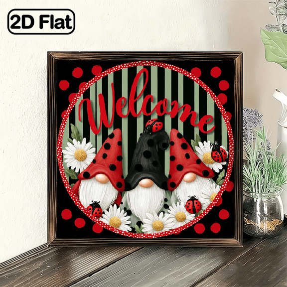 2D Flat, 8x8inch, Rustic Round Hanging Wood Sign Ladybug Gnome Sign, Wreath Sign, Door Decor Rustic Wreath Sign Wall Decor for Home Kitchen Living Room Wall Decoration