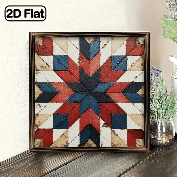 2D Flat An 8x8inch Rustic Wall Art Featuring a Farmhouse-Style Barn Quilt Star with a Striped Wooden Frame This Octagonal Star Design Comes in Polished Red, Blue, Beige, And White Colors, Perfec