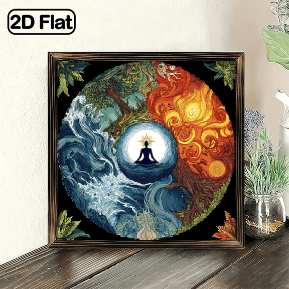 2D Flat, 8x8inch, Vintage Eastern Philosophy Wall Plaque - Buddhist Meditation Decor with Five Elements (Water, Fire, Earth, Air, Ether) - Artificial Wood Spiritual Hanging Decoration - Yoga Stu