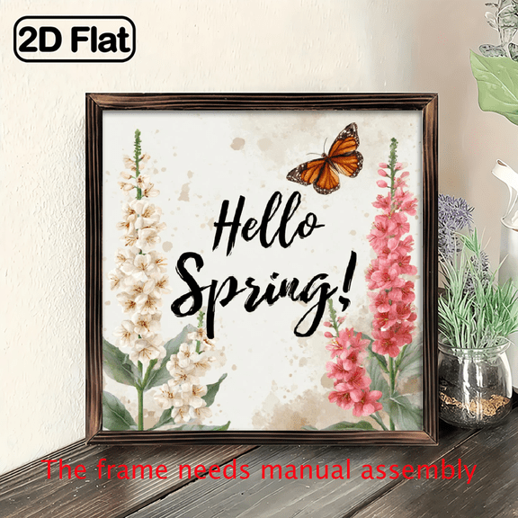 2D Flat 8x8inch Wooden Sign Hello Spring Floral Art Print Wall Hanging Home Decor with Butterflies and Flowers for Seasonal Living Room or Bedroom Style Wall Art Dero.