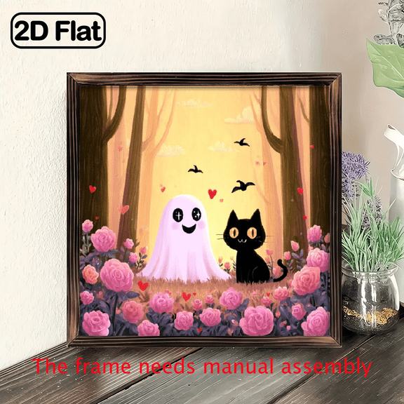 2D Flat, 8x8inch Wooden Wall Art Sign Cute and Black Cat in Rose Garden 2D Flat Printing Artwork for Home Decor Easy Wall-Mounted for Kitchen Bathroom Living Room for halloween decorations oddities